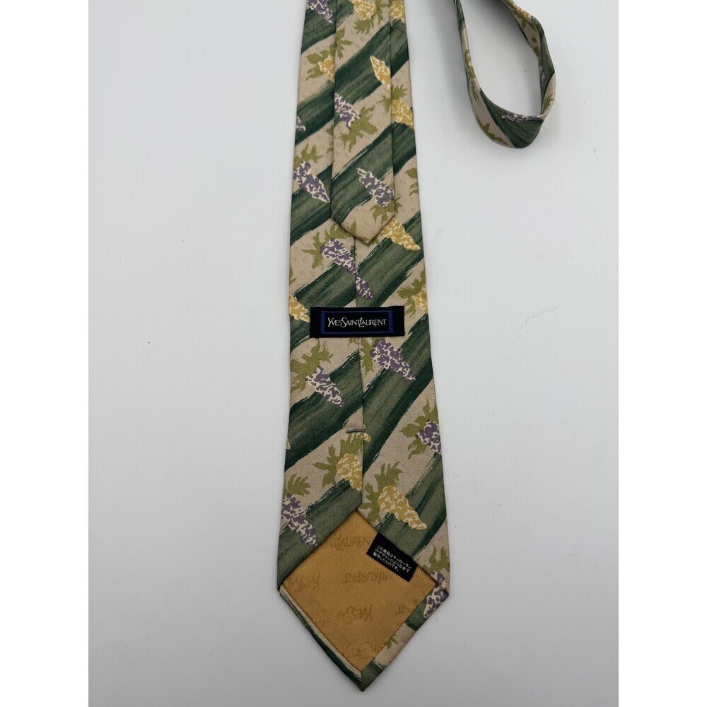 Yves Saint Laurent Necktie 100% Silk Tie Green Beige Floral Abstract Print Tie - Picture 4 of 9